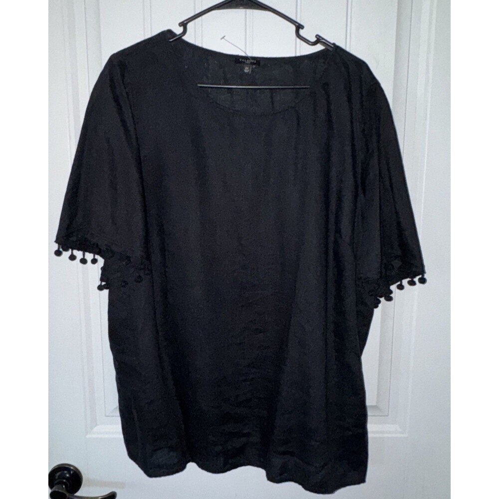 TALBOTS Plus Size 2X 100% Linen Black Short Sleeve Peasant Blouse Boho - NWOT